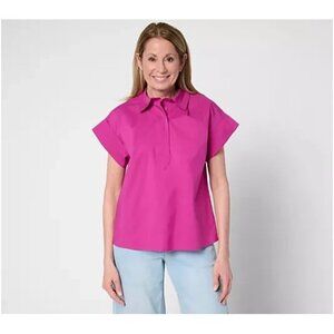 Carla Rockmore Cotton Poplin Short Sleeve Henley Shirt  Orchid Large A682943